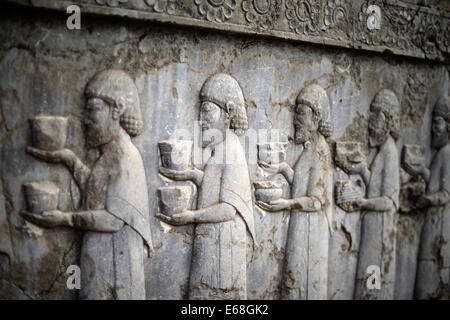 IRAN, bassorilievo raffigurante la processione dei soggetti Ionians navi da trasporto, Apadana, Persepolis (patrimonio mondiale Unesco,1979 Foto Stock