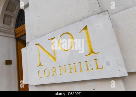 N. 1 Cornhill scolpito in pietra segno city of London Foto Stock