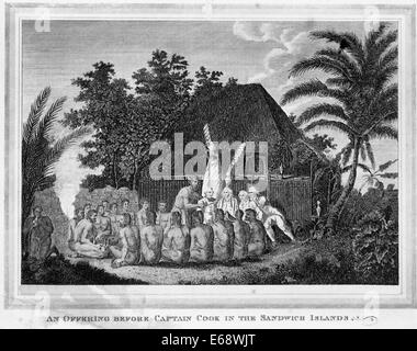 Un offerta prima del Capitano Cook nel Sandwich Islands - il Capitano James Cook e quattro dei suoi uomini con i nativi, Hawaii, 1770 Foto Stock