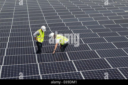 I tecnici al lavoro sui pannelli solari Foto Stock