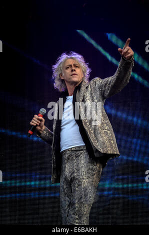 Sir Bob Geldof con la sua band The Boomtown ratti performing live al Festival di riavvolgimento sud..su Sun xvii Aug 2014 Foto Stock