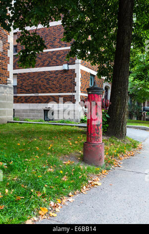Vecchio rosso idrante di fuoco nella parte anteriore di un blocco di appartamenti Foto Stock