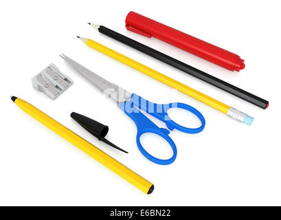 Benvenuti torna a scuola insieme o elementi sulla scrivania in ufficio - 3D render su sfondo bianco la strega del percorso di taglio Foto Stock