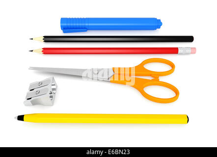 Benvenuti torna a scuola insieme o elementi sulla scrivania in ufficio - 3D render su sfondo bianco la strega del percorso di taglio Foto Stock