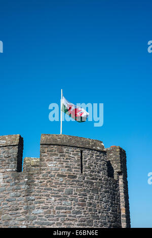 Welsh bandiera sulla sommità di una torretta a Pembroke Castle in Pembrokeshire, Galles del Sud Foto Stock