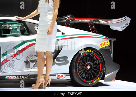 Gambe e scarpe di una femmina di ospitare la presentazione di una nuova vettura durante il 65th. IAA motorshow 2013, Francoforte, Germania Foto Stock