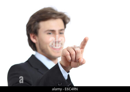 Happy businessman controllare un tasto virtuale isolato su uno sfondo bianco Foto Stock