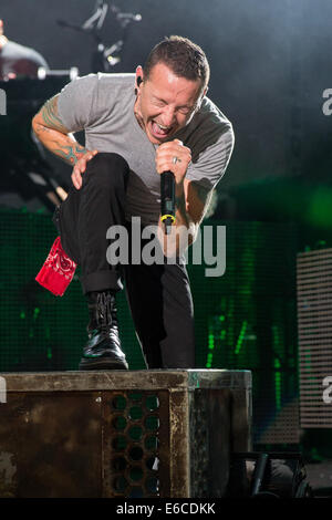 Agosto 18, 2014 - Holmdel (, New Jersey, Stati Uniti - il cantante CHESTER BENNINGTON della band Linkin Park si esibisce dal vivo al PNC Bank Arts Center di Holmdel (, New Jersey (credito Immagine: © Daniel DeSlover/ZUMA filo) Foto Stock