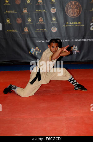 Londra, Regno Unito. 20 Agosto, 2014. Un discepolo esegue il Kung Fu Shaolin durante la conferenza stampa per la terza Shaolin Festival culturale tenuto nel Tempio Shaolin UK a Londra, in Gran Bretagna il 20 agosto, 2014. Il terzo Shaolin Festival culturale si terrà a Londra dal 8 Ottobre al 14 Ottobre, 2014. Credito: Han Yan/Xinhua/Alamy Live News Foto Stock