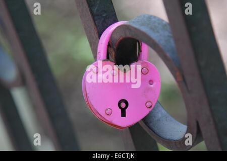 Nozze rosa incernierati gli amanti di bloccaggio appesa alla recinzione del ponte come un simbolo di amore eterno Foto Stock