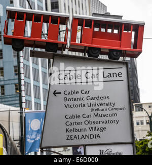 Wellington cable car wellington nuova zelanda tram sulle vie e il buffer del carrello con il segno di Wellington e vista sulla baia Foto Stock