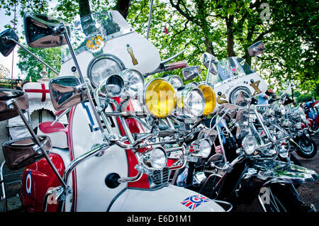 Mod Lambretta e Vespa in un rally a Regents Park, Londra Foto Stock