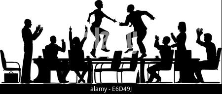 Vettore modificabile sagome di uomini di affari che celebrando in occasione di una riunione da ballare sul tavolo con tutti gli elementi come separati ob Illustrazione Vettoriale