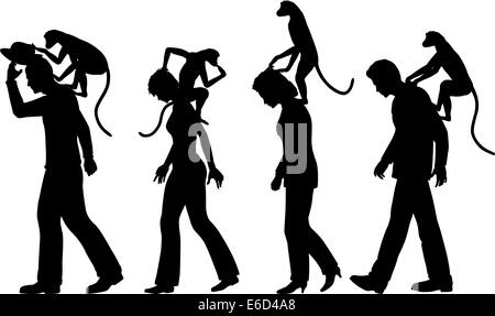 Modificabile sagome vettoriali di scimmie su persone di dorsi con tutti i dati come oggetti separati Illustrazione Vettoriale