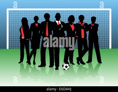 Modificabile illustrazione vettoriale di un team aziendale su un campo di calcio Illustrazione Vettoriale