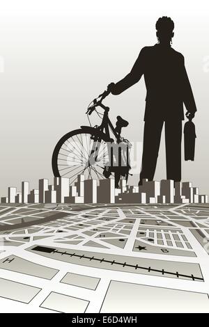 Illustrazione vettoriale di un imprenditore e silhouette di bici nel corso di una città Illustrazione Vettoriale