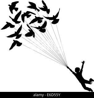 Silhouette di vettore di un ragazzo portato da battenti piccioni Illustrazione Vettoriale