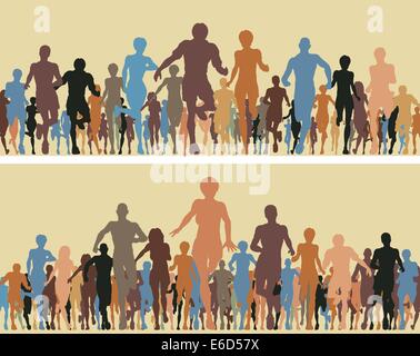Colorato illustrato sagome di molte persone in esecuzione Illustrazione Vettoriale