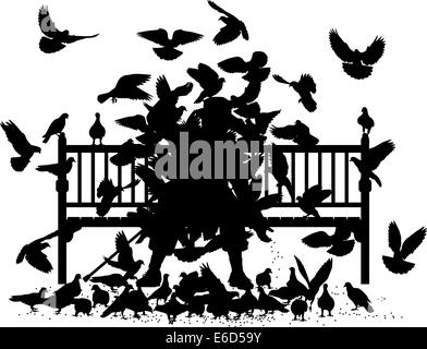 Vettore modificabile sagome di un uomo su una panchina soffocato da piccioni con tutti gli uccelli come oggetti separati Illustrazione Vettoriale