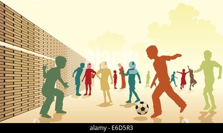 Vettore modificabile illustrazione colorata dei bambini che giocano a calcio in un parco giochi Illustrazione Vettoriale