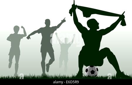 Vettore modificabile silhouette di un giocatore di calcio che celebra un obiettivo più compagni di squadra Illustrazione Vettoriale