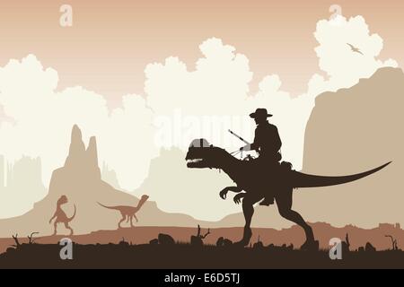 Modificabile illustrazione vettoriale di un cowboy a cavallo di un dinosauro Dilophosaurus in un paesaggio primordiale Illustrazione Vettoriale