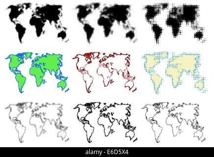 Set di vettore modificabile halftone mappe del mondo Illustrazione Vettoriale