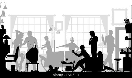 In primo piano la silhouette di una riunione di famiglia in una stanza vivente con tutti gli elementi come separati oggetti modificabili Illustrazione Vettoriale