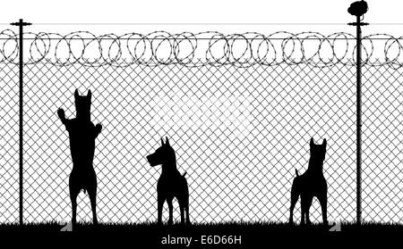 Vettore modificabile silhouette di cani da guardia dietro di una catena di sicurezza con recinzioni di filo spinato e filo elettrico plus videocamera di sicurezza Illustrazione Vettoriale