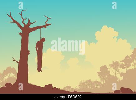Vettore modificabile silhouette di un uomo impiccato da un albero morto Illustrazione Vettoriale