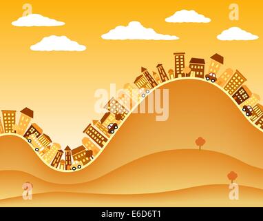 Modificabile illustrazione vettoriale di una cittadina collinare Illustrazione Vettoriale