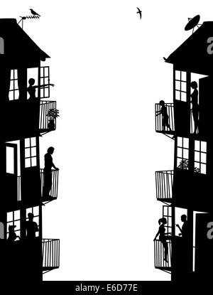 Due pannello laterale sagome di blocchi di appartamenti con figure come oggetti separati Illustrazione Vettoriale