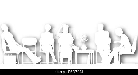 Vettoriale modificabile silhouettes di esclusione di persone sedute in una sala di attesa con sfondo ombra eseguita utilizzando un gradiente mesh Illustrazione Vettoriale