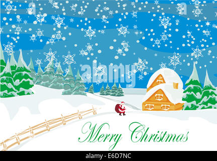 Paesaggio invernale con case e Santa Foto Stock