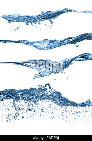 Set di diverse ondate di acqua su sfondo bianco Foto Stock