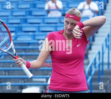 New Haven, CT, Stati Uniti d'America. 21 Agosto, 2014. Petra KVITOVA (CZE) reagisce contro Barbora Zahlavova Strycova (CZE) durante il primo set di loro corrispondono al Connecticut Open Tennis Tournament. Kvitova ha vinto la partita 6-4, 6-1 per avanzare alla fase semifinale. Agosto 21, 2014. Credito: Enigma/Alamy Live News Foto Stock