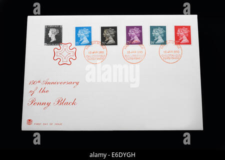 Numero di copertina del primo giorno dei francobolli commemorativi 150th anniversario del Penny Black. Regina Elisabetta II Foto Stock