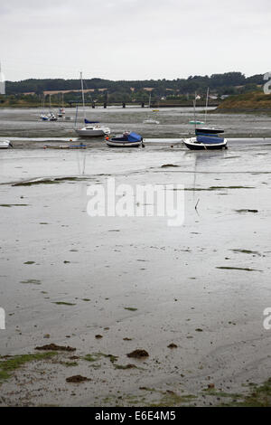 Il fiume Stour estuario, Essex, Regno Unito, con la bassa marea che mostra le velme e yacht ormeggiati. Ponte ferroviario in distanza. Foto Stock