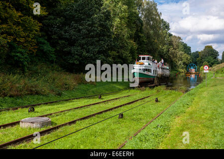 Nave turistica, acqua Jelenie rampa, Elblaski Canal Polonia Foto Stock