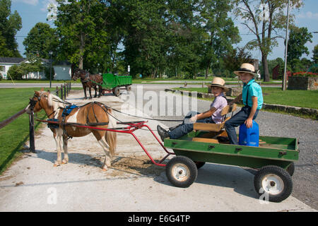 Ohio, Geauga County, Mesopotamia. Tipico di giovani ragazzi Amish in abito tradizionale con carrello e pinto pony "Queenie.". Foto Stock