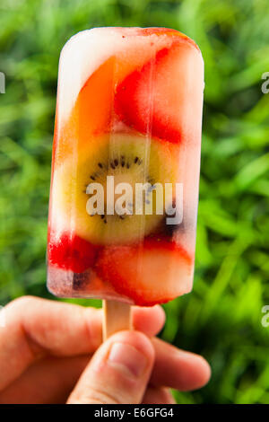 Una sana frutta intera Popsicles con frutti di bosco Kiwi e pesche Foto Stock