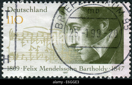 Germania - circa 1997: francobollo stampato in Germania, mostra il compositore Felix Mendelssohn-Bartholdy, circa 1997 Foto Stock