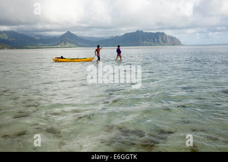 Kaneohe Sandbar, attraversando il sandbar di Kipapa Isola a piedi Kayak Foto Stock