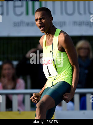 Il Qatar Mutaz Essa Barshim celebra durante la trentaseiesima edizione internazionale di alta vai incontro a Eberstadt, Germania, 22 agosto 2014. Barshim ha vinto con un altezza di 2,41 metri. Foto: DANIEL MAURER/dpa Foto Stock