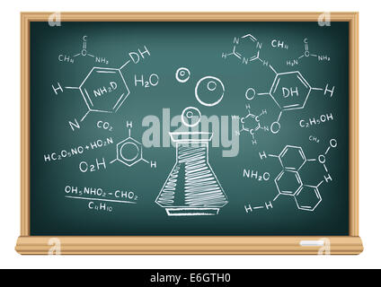La scuola lavagna e gesso disegnata tubo di chimica e di formula Foto Stock