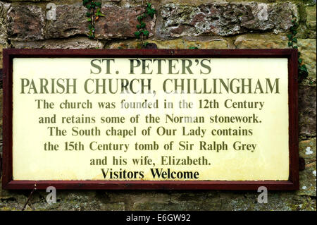 Segno per San Pietro Chiesa Parrocchiale, Chillingham, Northumberland, Inghilterra Foto Stock