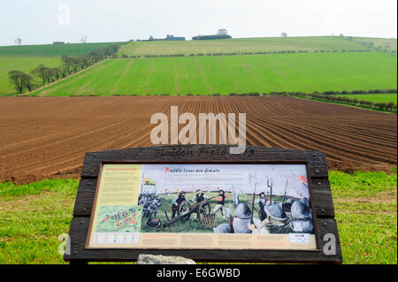 Scheda di informazioni a Flodden Field, sito della battaglia di Flodden 1513, Northumberland, Inghilterra Foto Stock