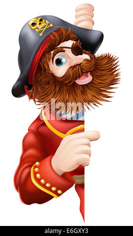 Un pirata mascotte cartoon puntando al segno Foto Stock