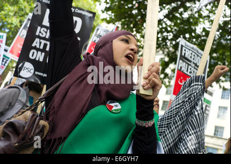 Londra, Regno Unito. 23 Agosto, 2014. Libera la Palestina e di Free Gaza anti israeliana dimostrazione opposta il Primo Ministro Cameron ha la residenza di Downing Street a Whitehall, Londra EnglandUK. 23 agosto 2014 la pacifica dimostrazione è stata interrotta molto brevemente da un pro dimostratore israeliano con una bandiera con la stella di Davide. Credito: BRIAN HARRIS/Alamy Live News Foto Stock