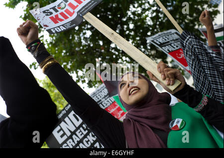 Londra, Regno Unito. 23 Agosto, 2014. Libera la Palestina e di Free Gaza anti israeliana dimostrazione opposta il Primo Ministro Cameron ha la residenza di Downing Street a Whitehall, Londra EnglandUK. 23 agosto 2014 la pacifica dimostrazione è stata interrotta molto brevemente da un pro dimostratore israeliano con una bandiera con la stella di Davide. Credito: BRIAN HARRIS/Alamy Live News Foto Stock